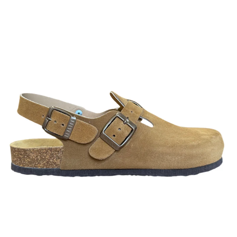 Plakton Damen-Pantolette Gibraltar aus Wildleder mit Doppelriemen - Toffee