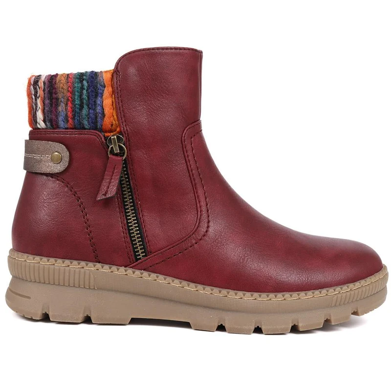 Knitted Cuff Ankle Boots - WBINS40169 / 326 116 - Burgundy
