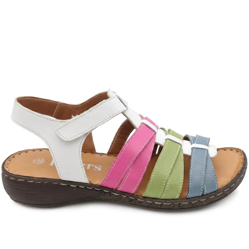 Premium Leather Adjustable Fasten Sandals - LUCK43002 / 329 420 - White Multi