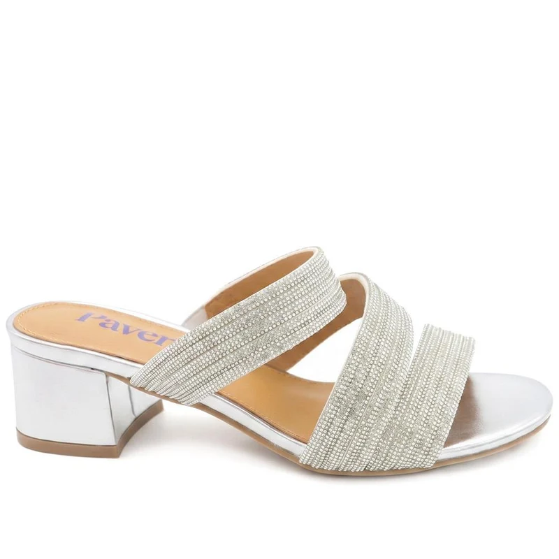 Diamante Block Heel Strappy Sandals - SANYI43000 / 329 142 - Silver