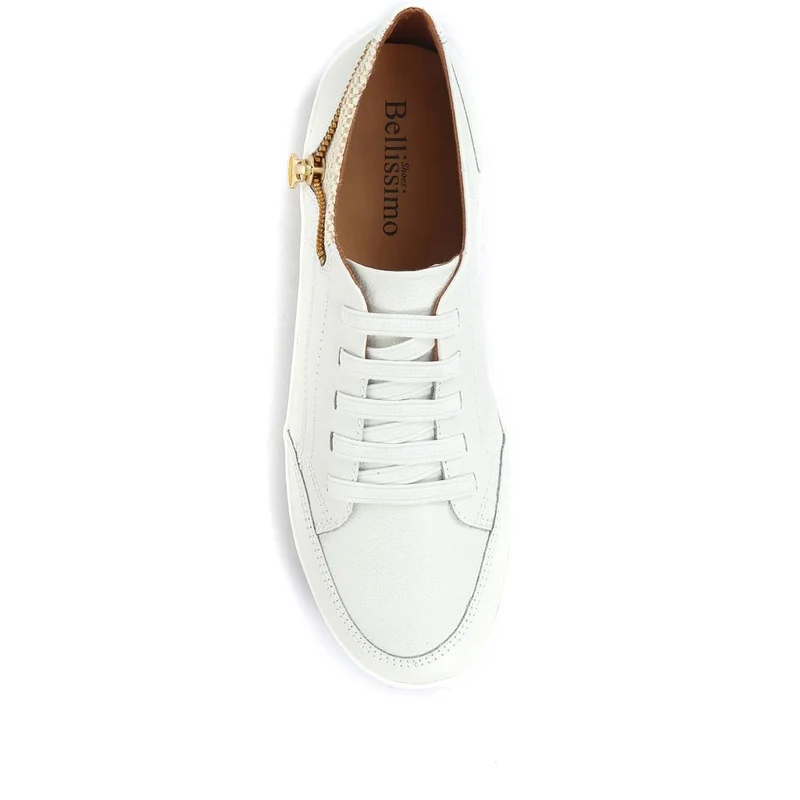 Leather Trainer with Zip Detail - BOT25018 / 309 566 - White