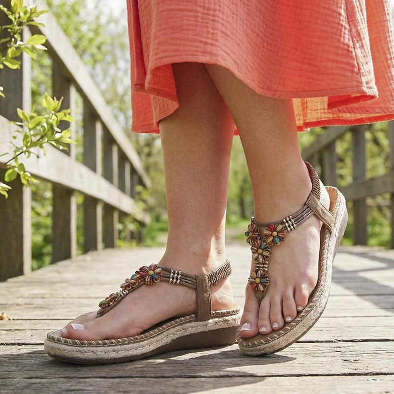 Elasticated Slingback Toe Post Sandals - BAIZH41053 / 327 224 - Brown