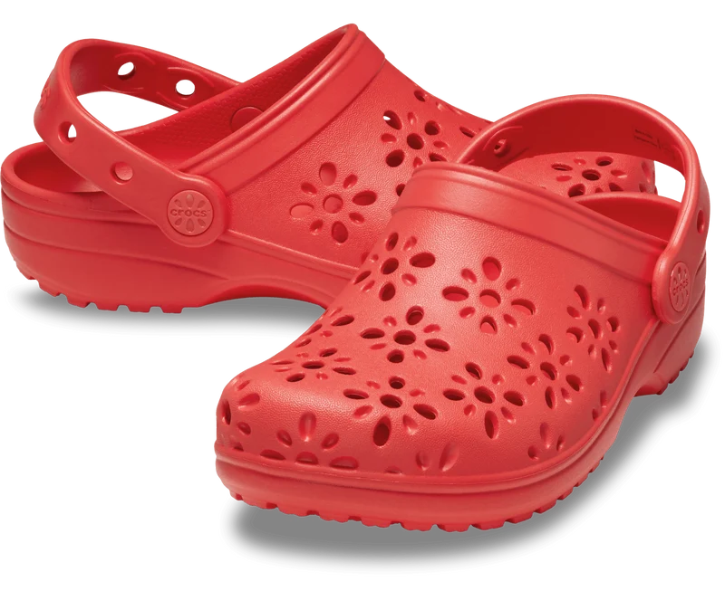 CROCS Kinder Clog mit Blumenmuster und Cut-Outs - Kirschrot