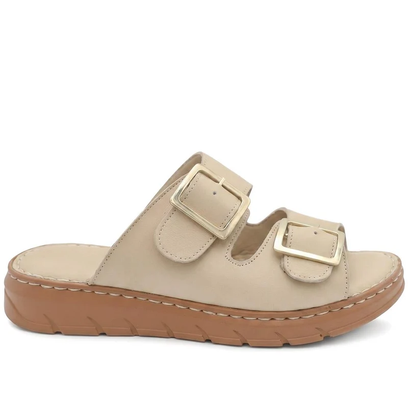 Dual Buckled Leather Chunky Mule Sandals - GOKH43001 / 329 421 - Beige