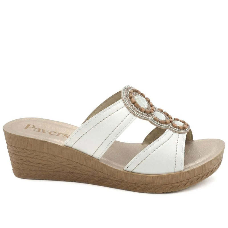 Jewelled Wedge Heel Mule Sandals - INB43000 / 329 127 - White