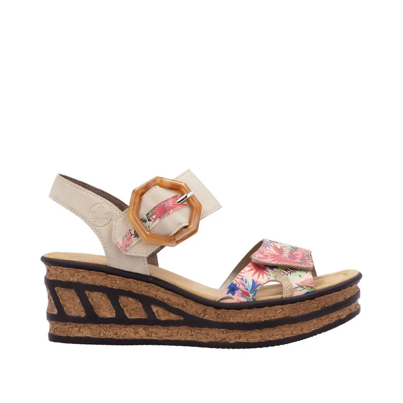 Rieker Modische Sandalen mit Keilabsatz für Damen - Rosa Blumenmuster