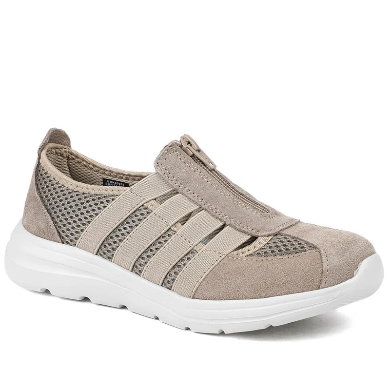 Wide Fit Leather Memory Foam Trainers - BRK43032 / 329 266 - Taupe