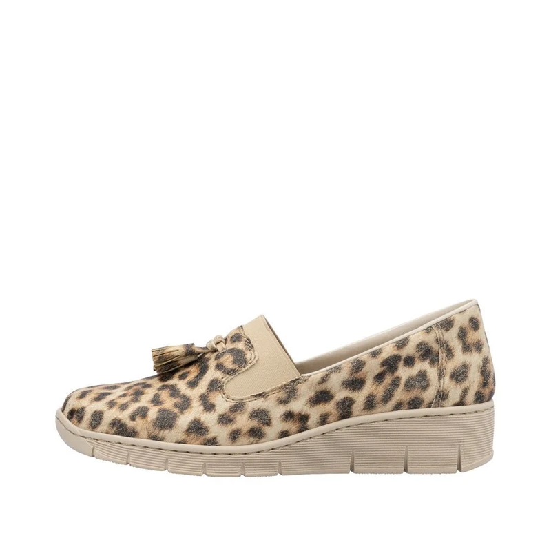 Rieker Damen Slipper mit Keilabsatz und Animalprint - Beige