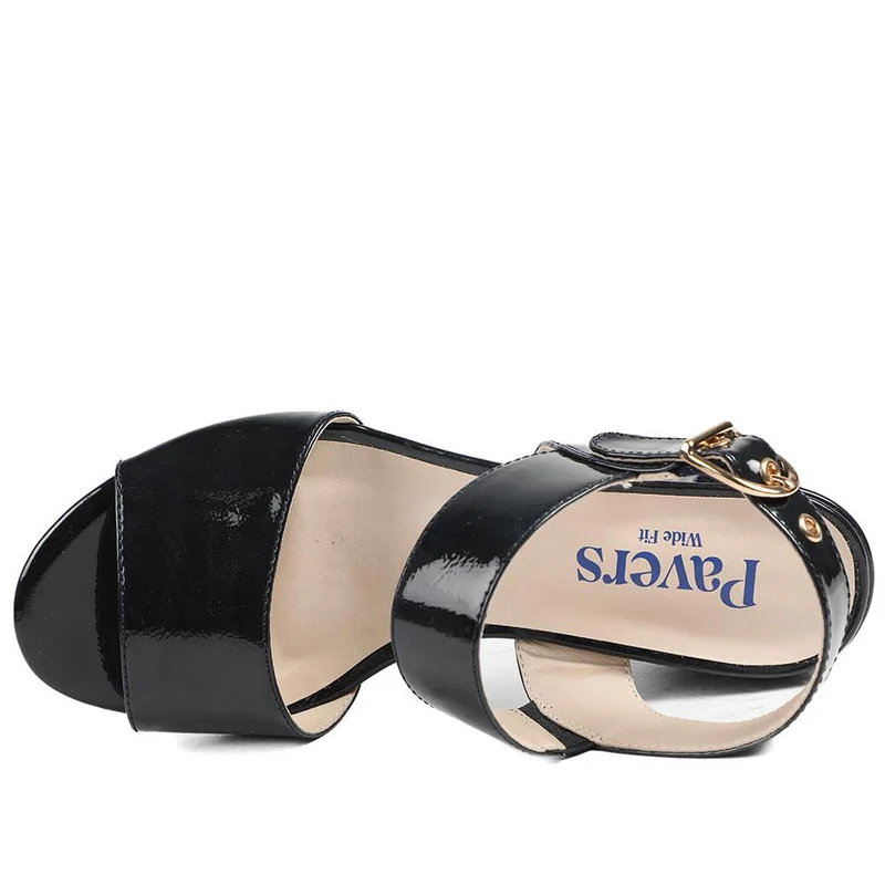 Wide Fit Smart Block Heel Buckle Fasten Sandals - WBINS43030 / 328 973 - Navy Patent