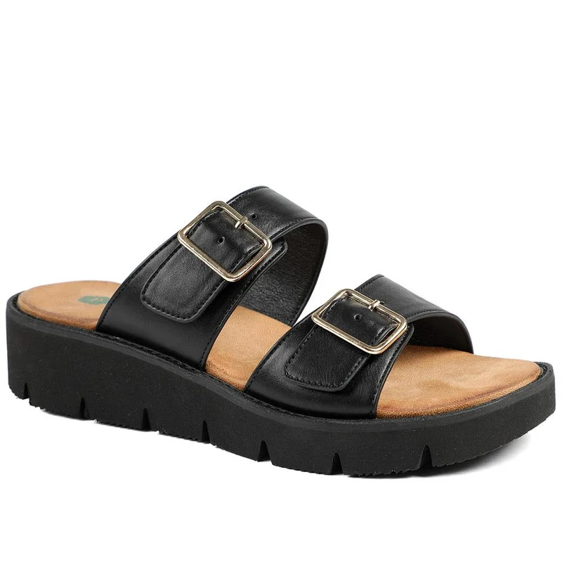 Wide Fit Cushioned Buckled Sandals - BAIZH43015 / 329 140 - Black