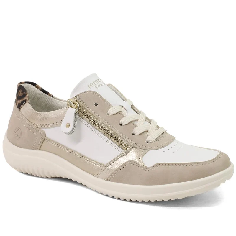 Remonte Shower Resistant Leather Zipped Trainers - DRS43509 / 328 689 - Beige Multi