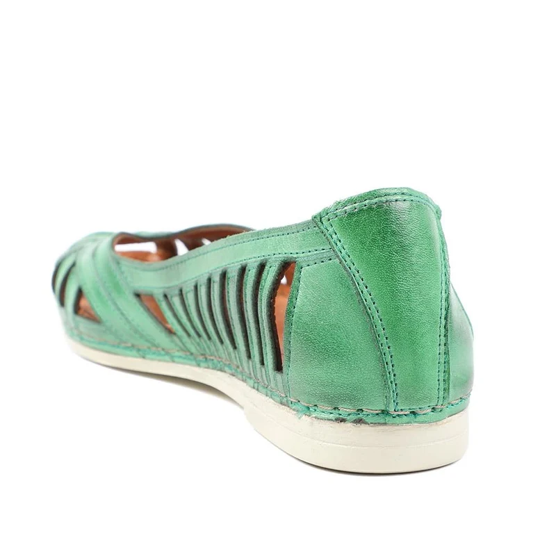 Leather Cut Out Peep Toe Flats - KARY43003 / 329 013 - Green
