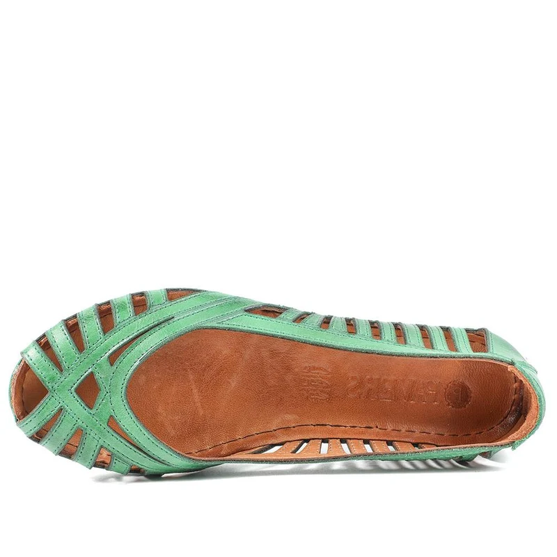 Leather Cut Out Peep Toe Flats - KARY43003 / 329 013 - Green