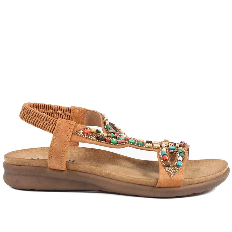 Elasticated Embellished Slingback Sandals - BAIZH43002 / 328 880 - Tan