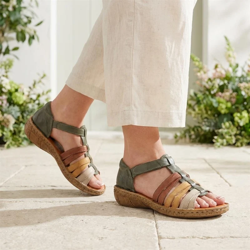 Loretta Leather Touch Fasten Sandals - HAK43000 / 329 237 - Khaki Multi