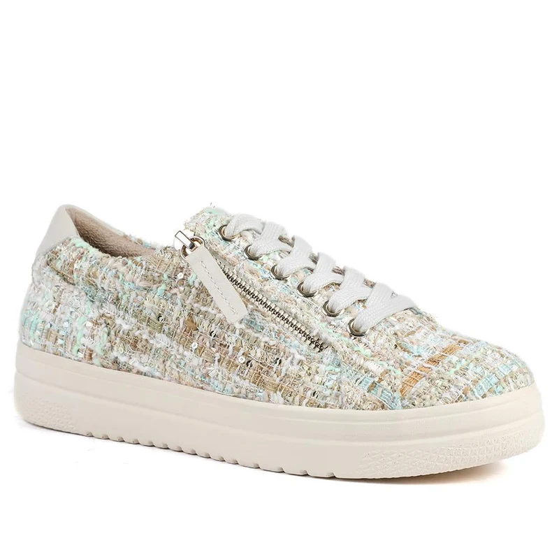 Knitted Zip & Lace Fasten Trainers - WBINS43002 / 328 883 - Beige Multi