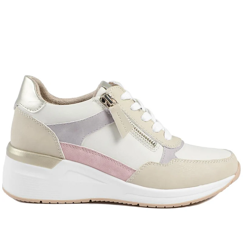 Bellissimo Zip & Lace Wedged Trainers - BELWBINS43032 / 328 934 - Beige Multi
