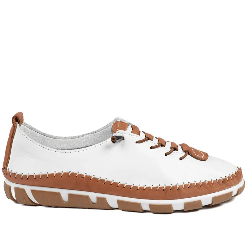 All Leather Lace Up Stitch Detail Shoes - GOKH43006 / 329 151 - White-Tan