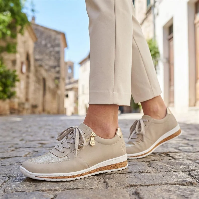 Rieker Casual Leather Zip & Lace Trainers - RKR43005 / 328 904 - Beige