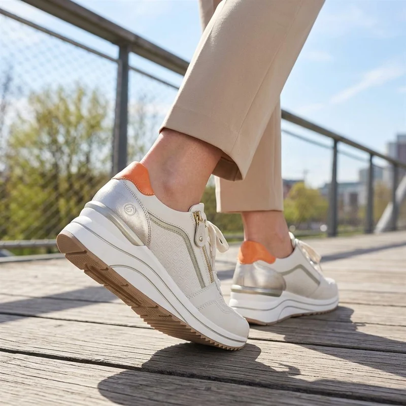 Remonte Cushioned Leather Zip & Lace Trainers - DRS43505 / 328 688 - Cream Multi
