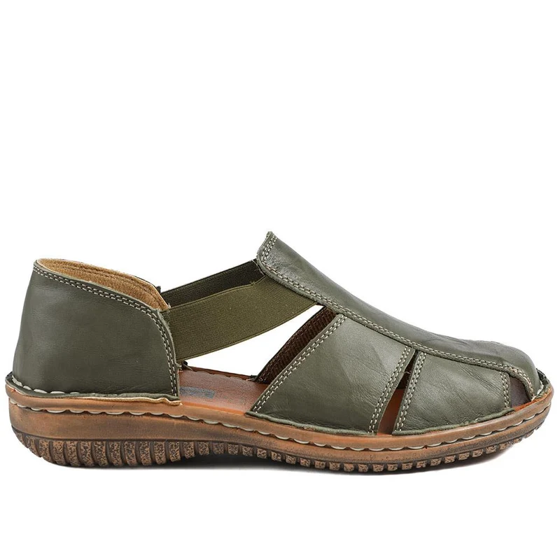 Loretta Leather Elasticated Slip On Shoes - HAK43001 / 329 375 - Khaki