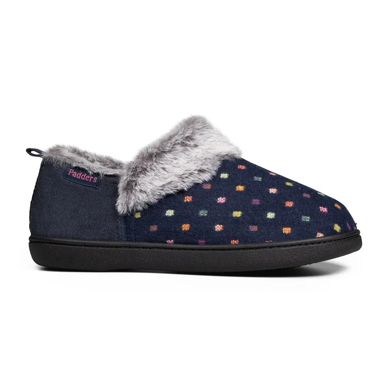 Padders Ladies Slippers 2E Side Stitched Washable - DORA - Dora / null - Navy Woven Spot