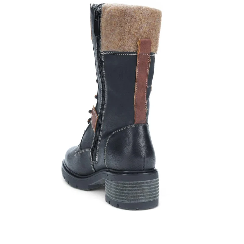 Faux-Fur Cuff Lace-Up Boots - SUPRE40019 / 326 252 - Black