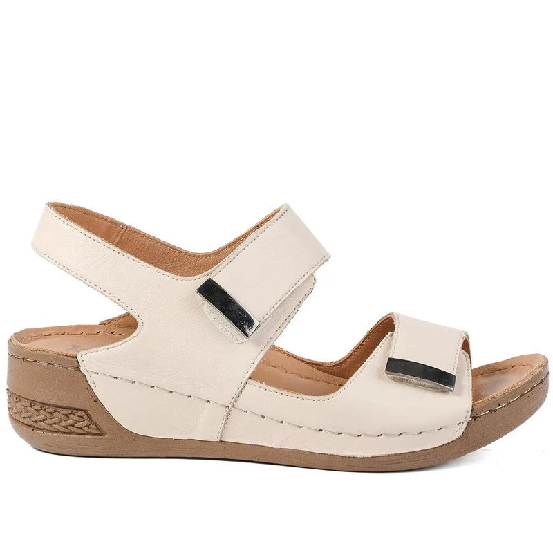 Leather Touch Fasten Wedge Sandals - AS43001 / 329 300 - Beige