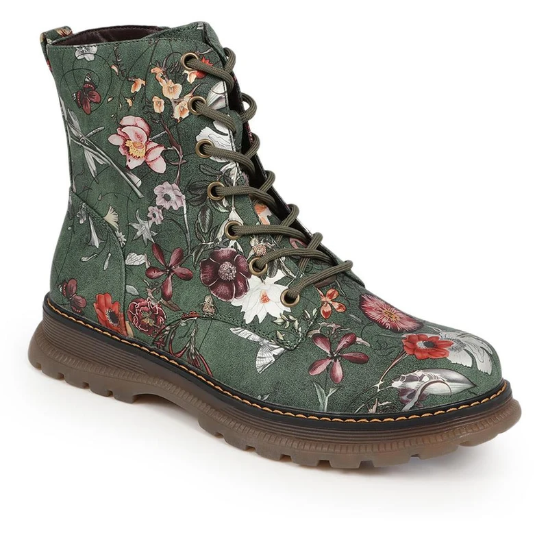 Lace-Up Floral Boots - PINYI40011 / 326 033 - Green Floral
