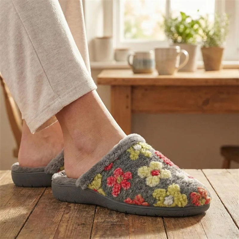 Soft Floral Mule Slippers - FEVI43002 / 329 504 - Grey Multi