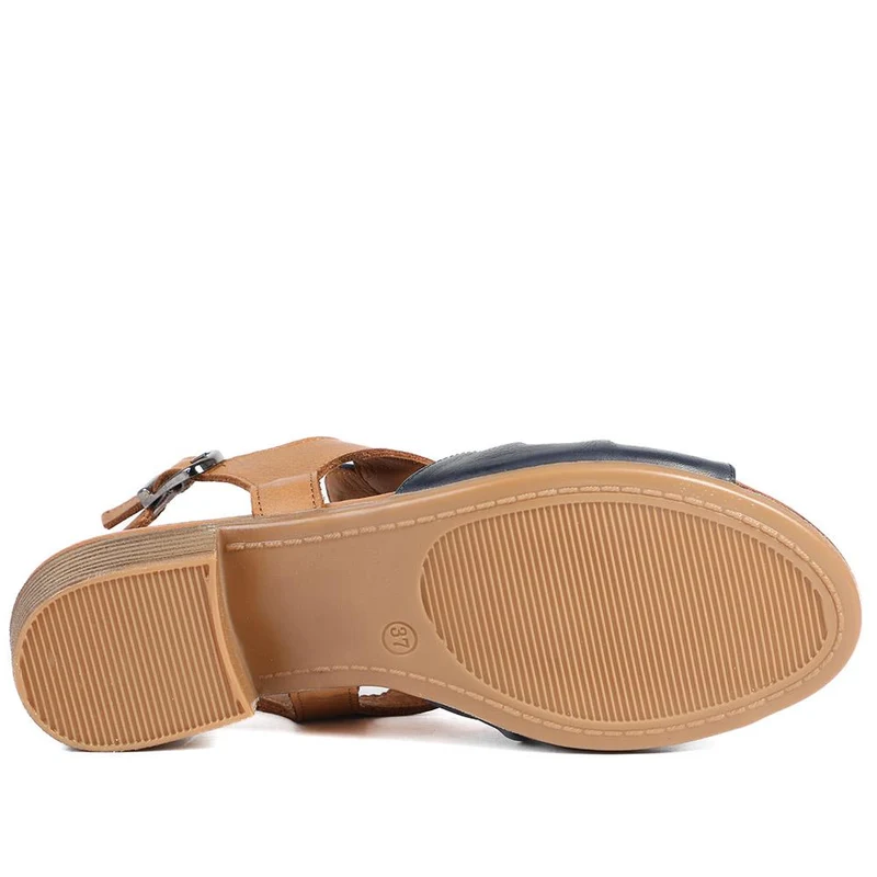 Leather Two Tone Block Heel Sandals - AZURA43007 / 329 125 - Navy Tan