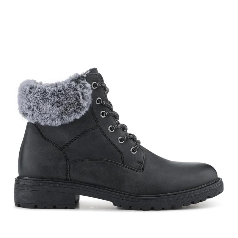 Faux Fur Cuff Lace Up Ankle Boots - WBINS42033 / 328 109 - Black