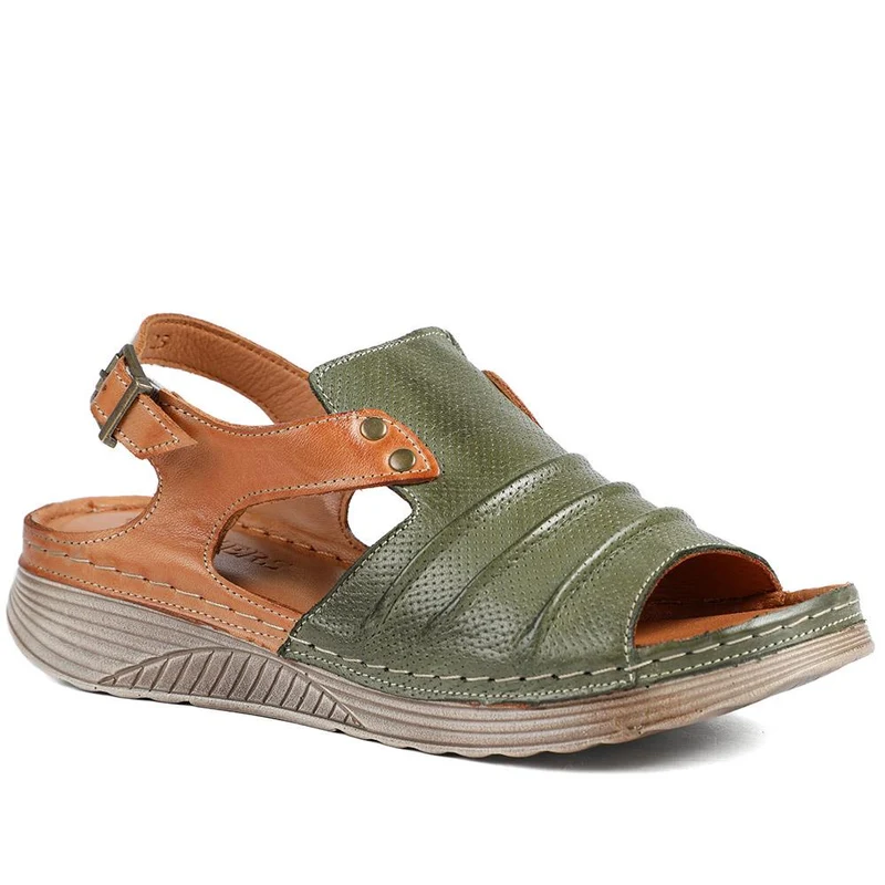 Leather Wedge-Heeled Sandals - VITAS41001 / 327 604 - Khaki