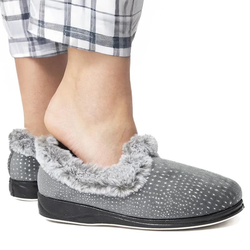 Easy Step In Wide Fit Fur Cuff Slippers - QING42016 / 327 961 - Grey