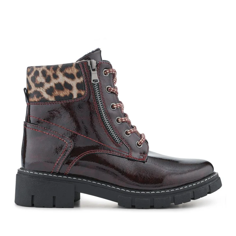 Patent Zip & Lace Up Ankle Boots - WBINS42039 / 327 920 - Burgundy
