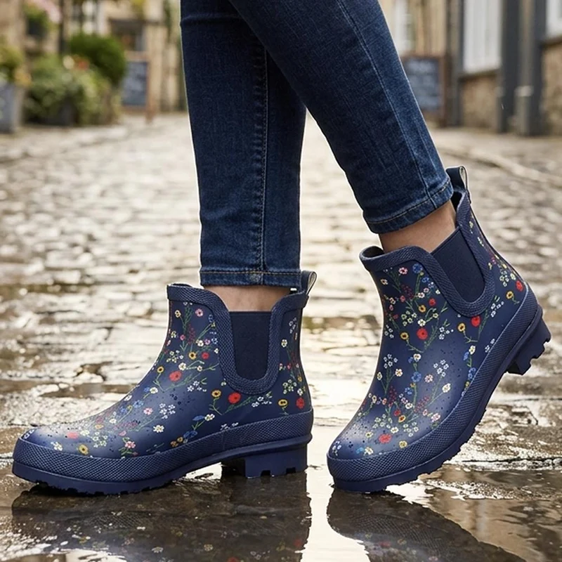 Block Heel Rubber Ankle Wellies - ITAJA42001 / 328 346 - Navy Floral