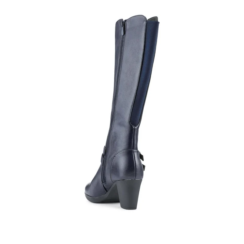 Heeled Calf-Stretch Long Boots - WK42007 / 327 914 - Navy