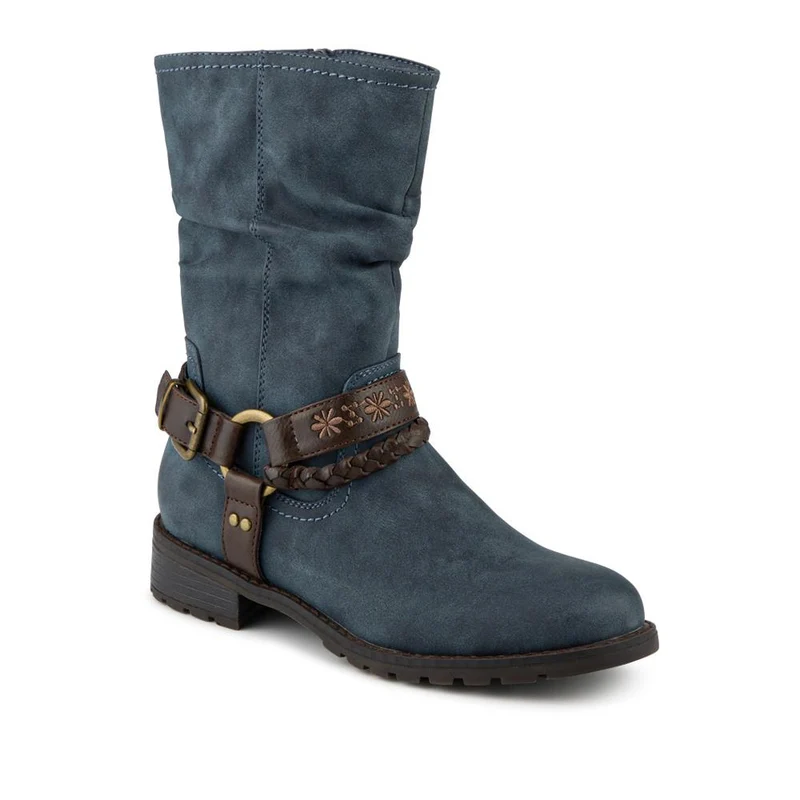 Warm Lined Strapped Upper Calf Length Boots - WBINS42098 / 328 462 - Denim