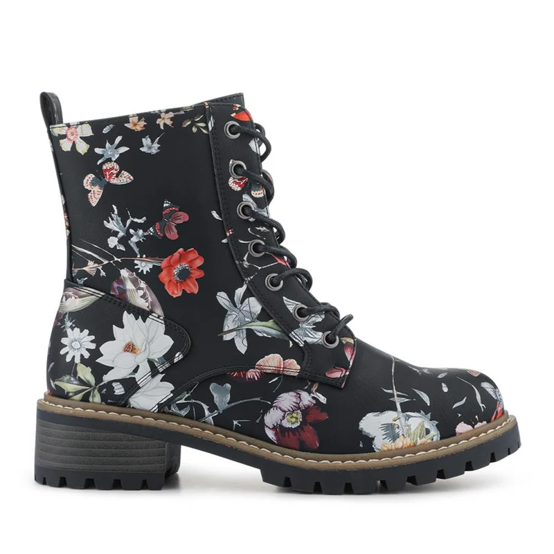 Wide Fit Lace Up Ankle Boots - PINYI42009 / 328 218 - Black Floral