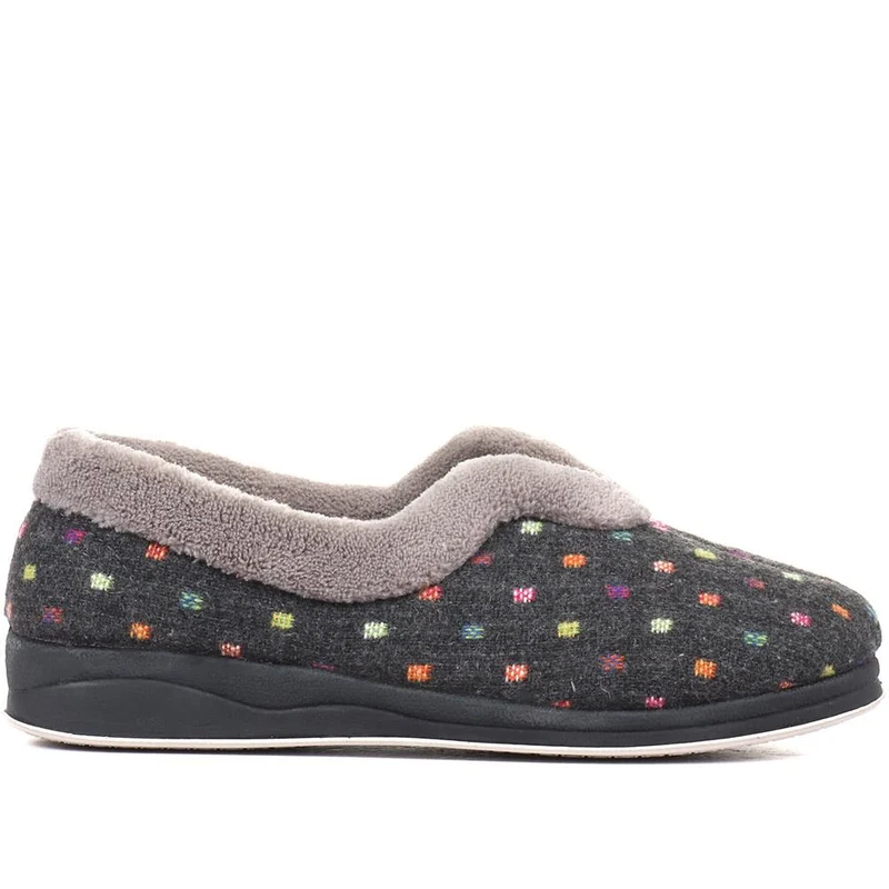 Wide Fit Polka Dot Slippers - QING34003 / 320 210 - Dark Grey