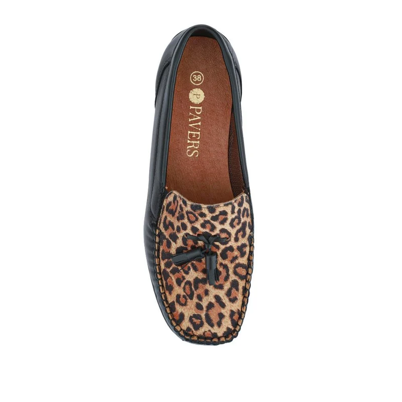 Embroided Panel Leather Loafers - CONT39001 / 325 241 - Black-Leopard
