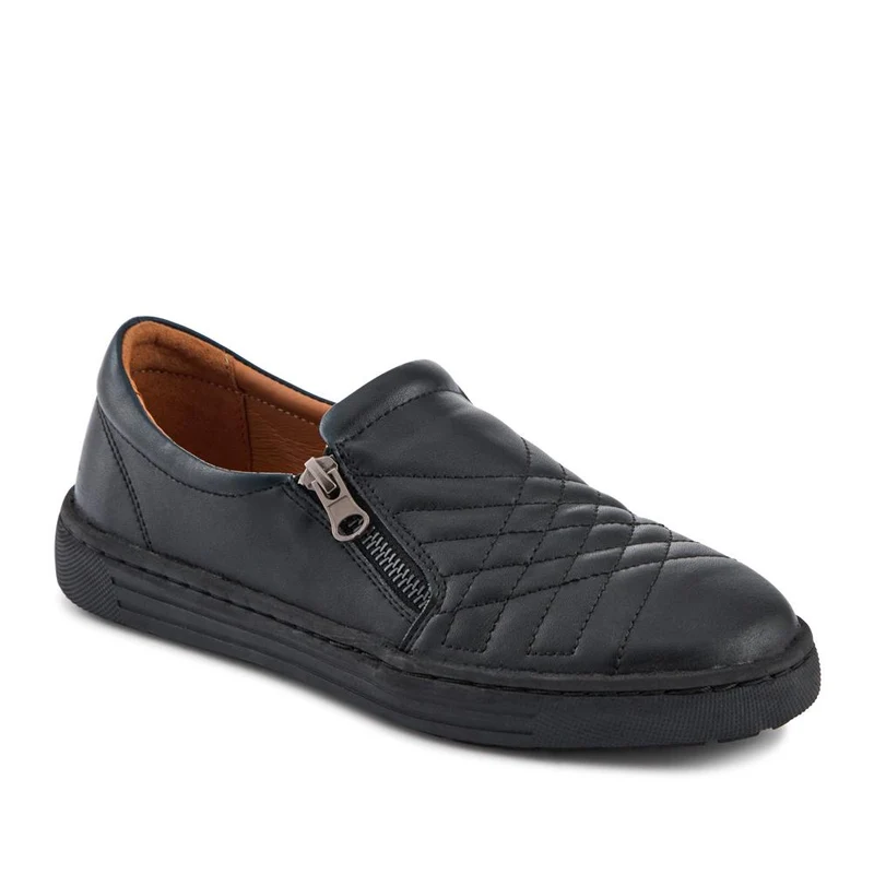 Leather Zip-Fasten Slip-On Shoes - BRK42006 / 327 976 - Black