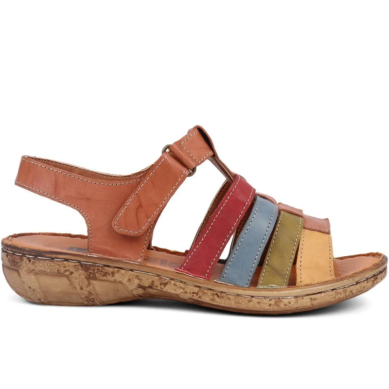 Open-Toe Leather Sandals - HAK39015 / 325 525 - Tan Multi